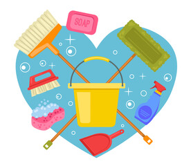 Cleaning tools banner concept with heart shape background. I love cleaning concept. Vector flat graphic design illustration