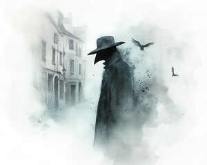 Mysterious plague doctor in foggy, ancient street. Gothic art, dark fantasy, somber atmosphere.