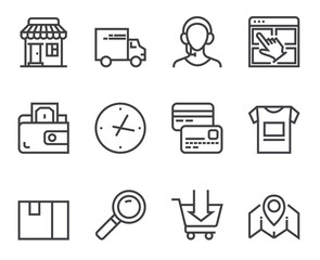 Shopping line art outline flat style icons isolated set. Vector flat graphic design illustration