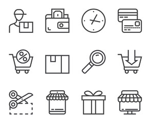 Shopping line art outline flat style icons isolated set. Vector flat graphic design illustration