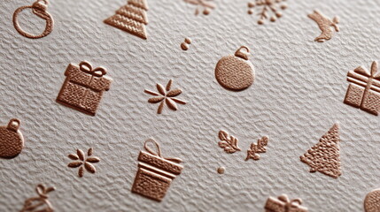 Embossed Christmas decorations with gold accents on textured paper  