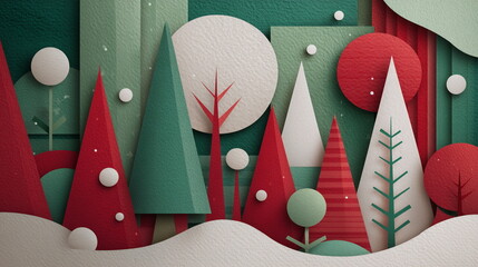 Abstract winter forest scene with geometric shapes in red and green  
