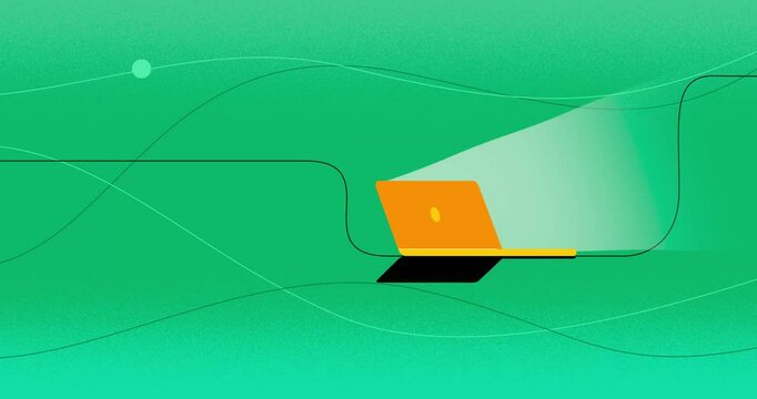 Cartoon laptop flat design orange volume light opening background. Video business explainer style  with motion design dynamic abstract geometry moving elements animation good for business presentation