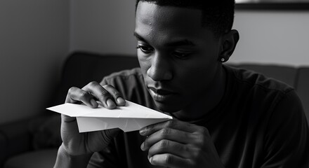 A young man meticulously folds a paper airplane, lost in concentration and quiet contemplation.