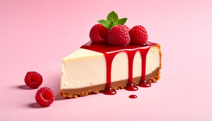Slice of Creamy Cheesecake with Raspberry Sauce on Pink Background