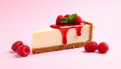 Slice of Creamy Cheesecake with Raspberry Sauce on Pink Background