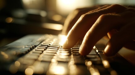Fingers typing on backlit keyboard in tech workspace