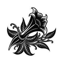 Angel’s Trumpet Flower Silhouette Vector Illustration on White Background 