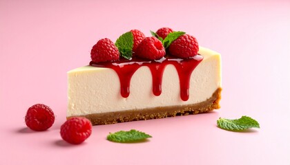 Slice of Creamy Cheesecake with Raspberry Sauce on Pink Background