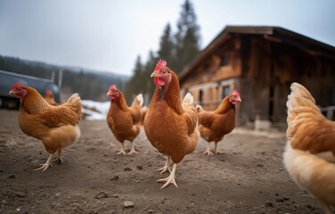 Fototapeta premium Free range chickens exploring a rustic farmyard with a wooden coop in the background, captured in natural light