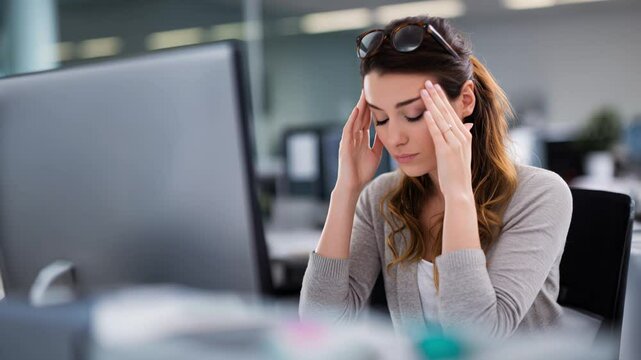 Mulher no escrit&oacute;rio com dor de cabe&ccedil;a, express&atilde;o de desconforto. V&iacute;deo ideal para temas de estresse, sa&uacute;de no trabalho e bem-estar
