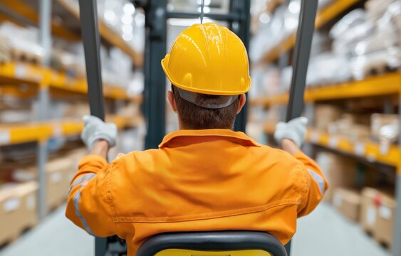 Warehouse worker operates forklift to efficiently organize inventory among shelves filled with various products in modern logistics facility