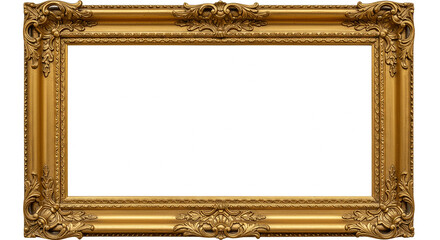 Detailed golden ornate picture frame isolated on white background ready to use