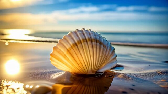 Close-up of a single seashell resting on a sandy beach with a blurred ocean and sky background during golden hour light.