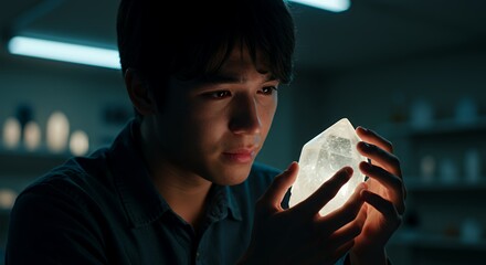 Young Man Contemplating Illuminated Crystal