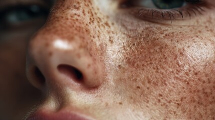 Natural skin texture with freckles. Dermatology closeup