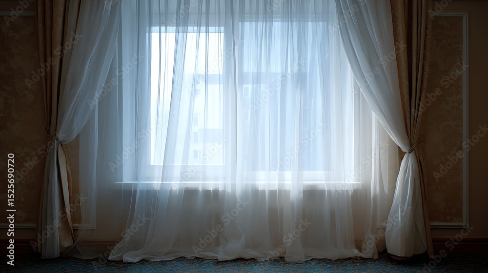 Aufkleber A temporary white curtain hangs in front of a window, gently swaying in the breeze, the soft fabric partially obscures the view outside, adding a touch of privacy to the room