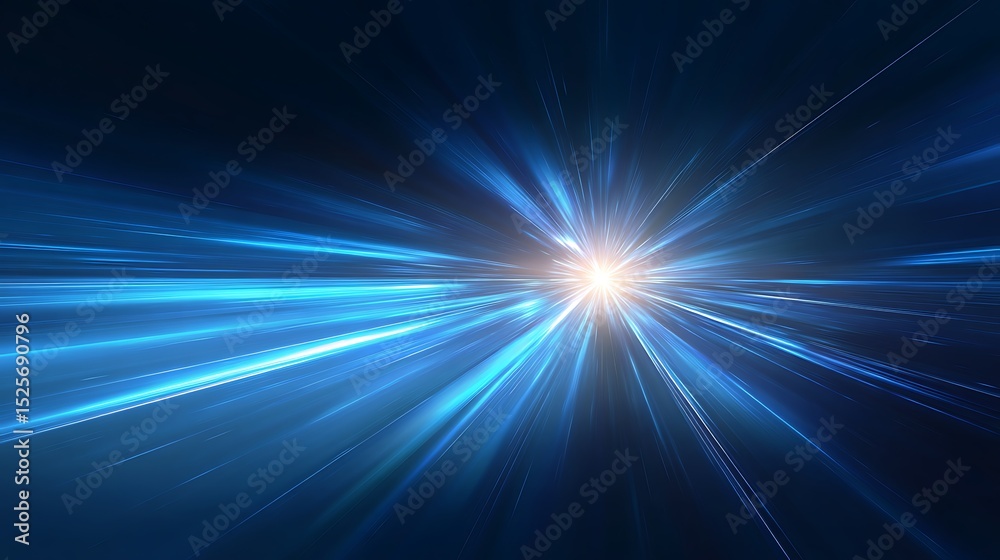 Poster abstract blue light speed background with laser rays and glowing flare in the center, motion blur ef