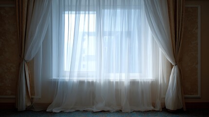 A temporary white curtain hangs in front of a window, gently swaying in the breeze, the soft fabric partially obscures the view outside, adding a touch of privacy to the room