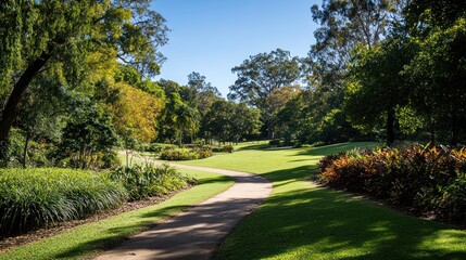 Obraz premium Tranquil Pathway Through Lush Botanical Garden with Vibrant Greenery