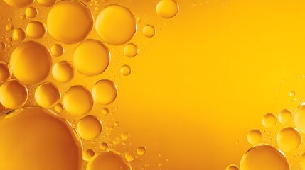 Abstract background banner with various yellow bubbles of oil or serum, providing copy space, represents