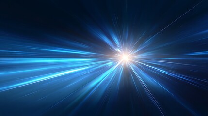 Abstract blue light speed background with laser rays and glowing flare in the center, motion blur effect, futuristic design concept for technology or science illustration