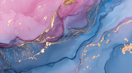 Fototapeta premium Abstract pink and blue marble liquid texture with gold splashes, luxury background