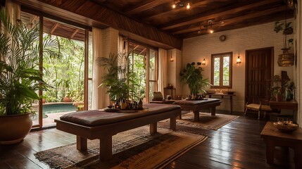 Fototapeta premium Ayurvedic spa and relax with natural aromatherapy treatment in a room for luxury or wellness surrounded by nature, health and ayurveda massage, skincare, spa or relaxation concept