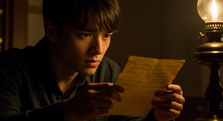 Young Man Reading a Mysterious Letter by Lamplight