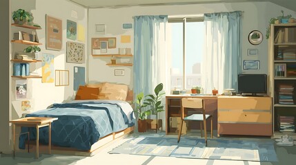 Bright youth dorm room with typical decoration and furniture as digital illustration