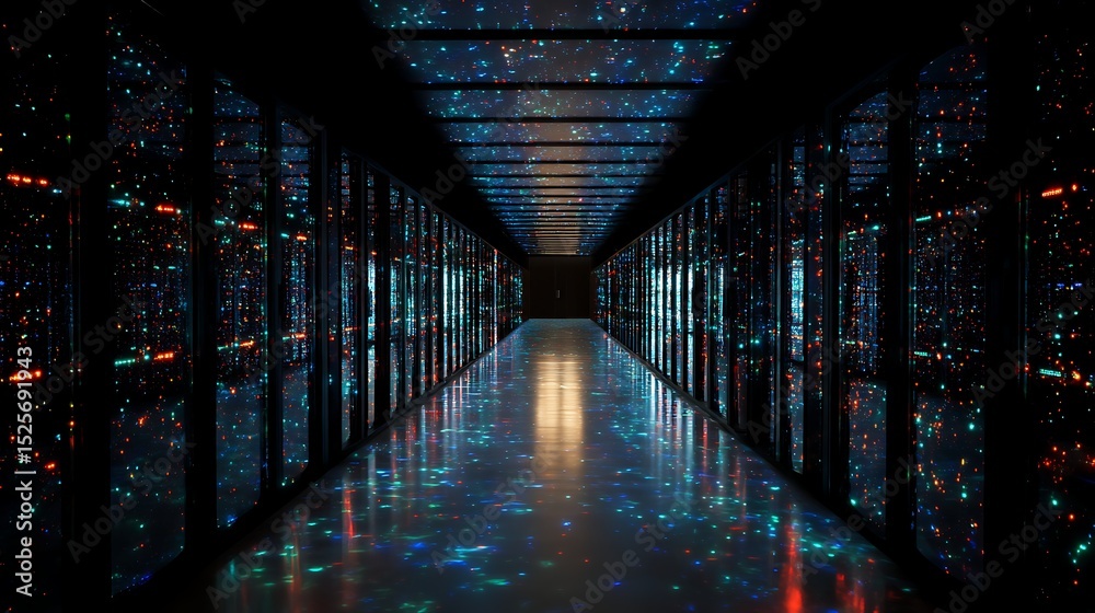 Leinwandbilder Cinematic data center full of server racks, server networking room or server center providing cloud storage facility and controlled and secure environment for hosting or storage devices