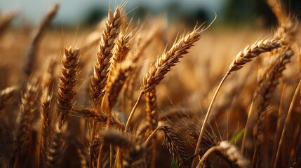 Close up of wheat ears on the field, golden wheat