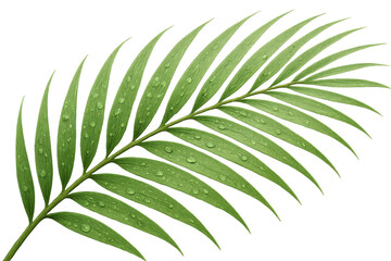 Green palm leaf shimmering with water droplets, isolated on transparent background, conveying tropical freshness
