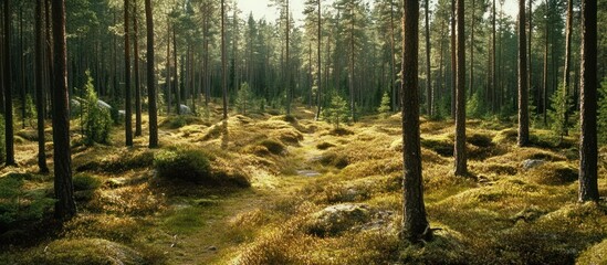 Sun-Drenched Path Through Tranquil Forest, Coniferous Trees and Mossy Undergrowth