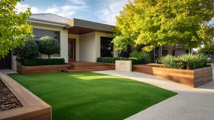 Contemporary australian home front yard showcasing artificial grass lawn turf with timber edging, perfect for residential building landscapes