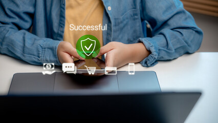 User completing secure mobile payment with confirmation on screen, representing digital wallet,...