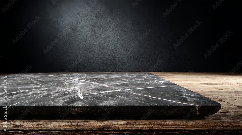 Poster empty marble black table countertop on black background, mock up for display of product, montage you