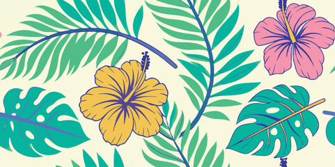 Vibrant Seamless Summer Pattern Tropical Leaves and Hibiscus Flowers