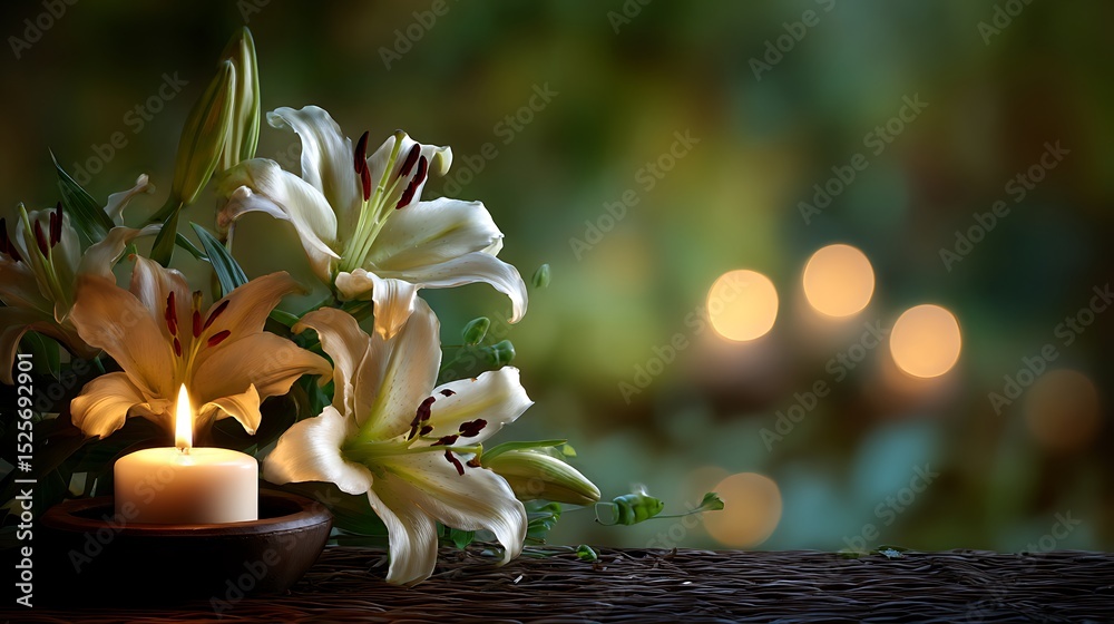 Poster Funeral scene with beautiful lilies and a burning candle set against a softly blurred background with a bokeh effect