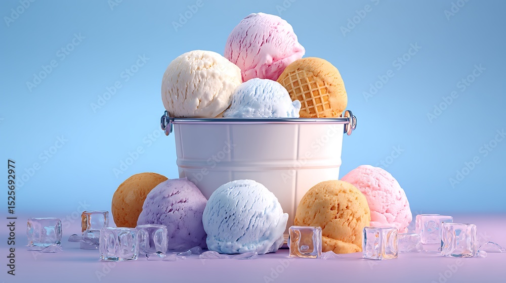 Poster get ready for summer with a freezer full of ice cream flavors and ice cubes in the bucket