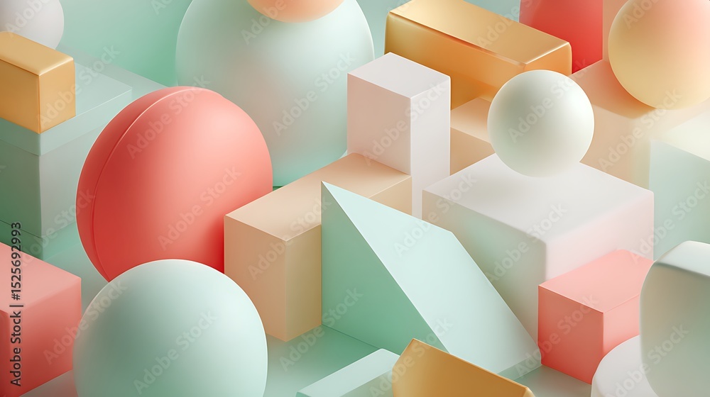 Poster Geometric 3d smooth pastel shapes, abstract background with light colour palette