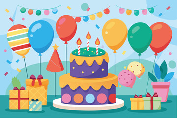 Festive birthday celebration illustration with cake balloons presents and colorful party decorations