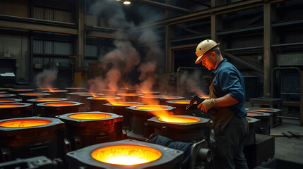 Production of steel castings in an industrial smelter company. Foundry worker filling molds with liquid steel.