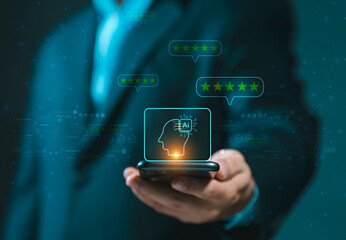Individuals with hologram reviews of products and services. Technology satisfaction survey concept satisfaction in using AI for work. quality review of satisfaction and feedback best quality.