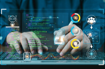 hands using typing keyboard with creative binary coding hologram on blurry background. Software programming code. Technology, web safety and programming concept.