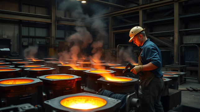 Production of steel castings in an industrial smelter company. Foundry worker filling molds with liquid steel. - Powered by Adobe