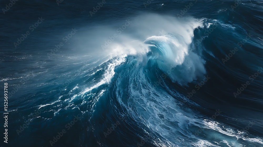 Poster massive blue wave surges in the middle of the ocean