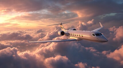 Obraz premium Luxury private jet flying above the clouds, beautiful sunset on background, travel and airplane concept