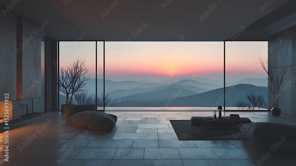 Poster modern architectural interior with mountain view at dawn highlighting minimal design elements