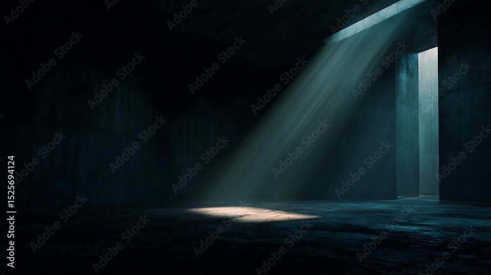 Poster Mysterious and atmospheric scene with dark empty space, floor is illuminated by spotlight creating dramatic interplay of light and shadows, presence of smoke or mist element of mystery ambiance